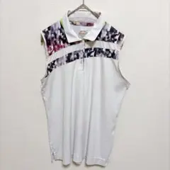 ポロシャツ 襟ノースリーブ 総柄 M 白 ポリエステル ゴルフ 上品 スポーツ
