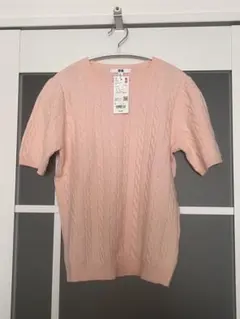 ユニクロ　クールネックケーブルセーター　ピンク 半袖ニット