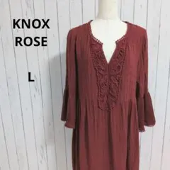 ノックスローズ☆七分袖　ワンピース　膝丈　Vネック　刺繍　チュニック　L　赤系