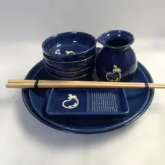 ネイビー陶器食器セット 5点　花模様　新品未使用　美品