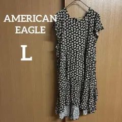 AMERICAN EAGLE【 L】黒 花柄 半袖ワンピース 膝丈 おしゃれ