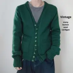 ヴィンテージ メニーボタンカーディガン グリーン ウール 古着