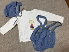 【未使用】キャラ長袖Tシャツ× ボンネット付きデニムサロペット