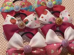 【3組6個】キッズヘアゴム スイーツ・いちご・ハート柄×ジュエルチャーム付き