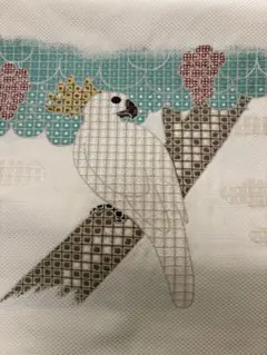 名古屋帯 正絹 白 オウム　伊藤若冲鸚鵡図　鳥