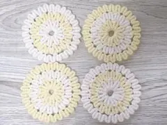 マクラメ　フラワーコースター　4枚セット　ホワイト　イエロー　ミックス