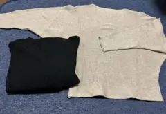 ベージュ ブラックリブ編み ドルマン変形ニット L七分袖