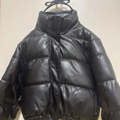 合成皮革 ショート丈ダウンジャケット ブラック