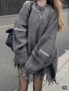 SHEIN シーイン ダメージ加工ニット グレー