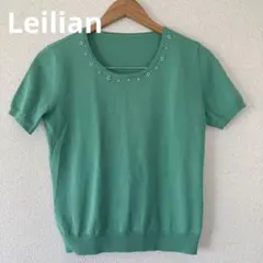 美品Leilian レリアン ビジュー装飾ニットTシャツ ミントグリーン Sのサムネイル