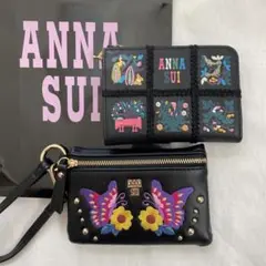 【ANNA SUI】未使用 アナスイ花柄 蝶柄刺繍 財布 ブラック