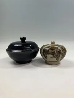 ④ 金城敏男 琉球 壺屋焼 やちむん 魚文蓋物 蓋物 タラフー 2点セット