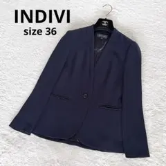 極美品✨【インディヴィ】ノーカラージャケット シャドーストライプ 洗えるネイビー