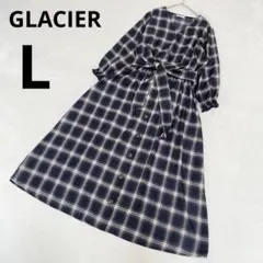 GLACIER グラシア ベルト付き シャツワンピース チェック柄 ネイビー L