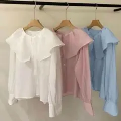 新品 シンプル　大判襟　フリル付き長袖シャツ ブルー　シアー ホワイトのサムネイル