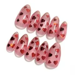 【現品】ネイルチップ 赤ハートホロ ミラーパウダー ちゅるん