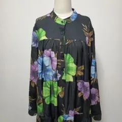 【Cヤード】ワンピース 花柄 ノーカラー ボタン 長袖