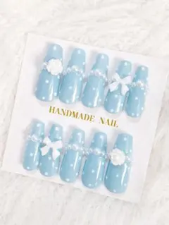 量産型 ネイルチップ 韓国 ワンホン ブルー バレリーナ ドット水玉 薔薇