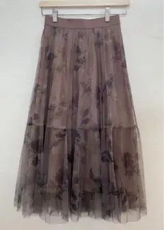 ジャスグリッティー　フラワープリントチュールロングスカート　ブラウン