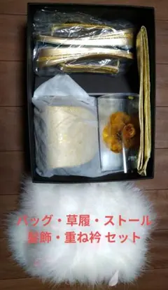 5点セット　草履 Lサイズ　ストール　バッグ　重ね衿　髪飾