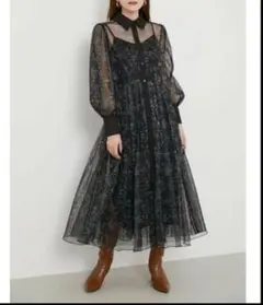 T094極美品リエンダチュールロングワンピース 花柄 ブラック S インナー付黒