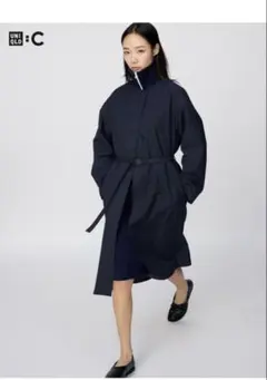 ユニクロC ノーカラーロングコート/リラックスフィット ネイビー　M 新品