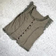 Le-Fuly【M】フリルデザイン ノースリーブトップス カーキ系