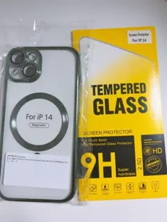 iPhone14 ケース マグネット 透明　緑　グリーン　ガラス保護フィルム