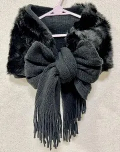 ファーマフラー ファーティペット ファーつけ襟 リボンマフラー 黒