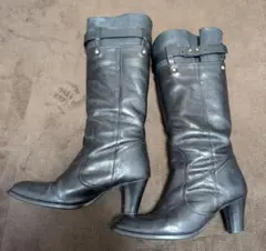 Au Bannister 黒レザー中ヒールロングブーツ