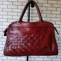 IBIZA ダークレッド レザー ハンドバッグ 編み込みデザイン