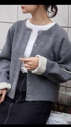 ダブルフェイス　配色ショート丈ニットカーディガン 長袖