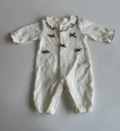 アイボリー ホワイト　ロンパース 60 リボン柄　女の子　退院着　長袖