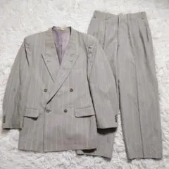 ヴィンテージスーツ　ダブル　背抜き　春夏　ライトグレー　ストライプ　M