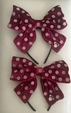 ディズニー ミニー カチューシャ ベロア 赤 リボン 水玉刺繍 ドット