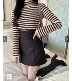 ボーダー柄フレアスリーブリブニット トップス［k9086b］L ブラウンタグ付