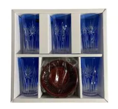 HOYA 冷茶グラス 5客セット 茶托付き ブルー 保谷クリスタル 箱付き