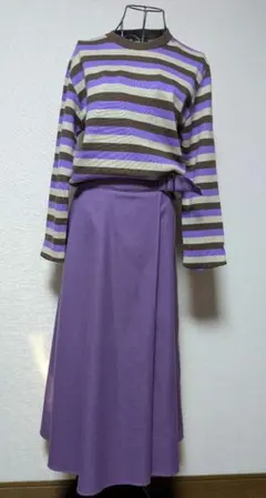 紫 ストライプ セーター＆ロングスカートセットアップ
