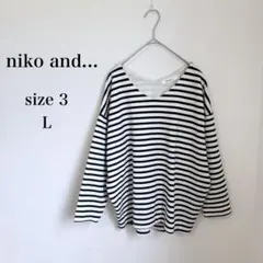 ニコアンド◇バックリボン ボーダーカットソー Vネック ゆったり 濃紺 白 Lのサムネイル