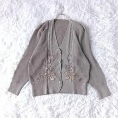 希少　レトロ ヴィンテージ 花柄刺繍 ニットカーディガン 麻混 Lグレー 日本製