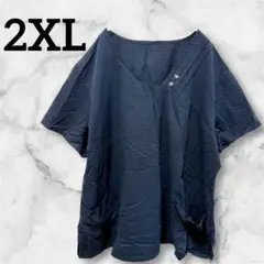 黒　Vネック 半袖シャツ【2XL】ボタン付き　サイドポケット 大きいサイズ
