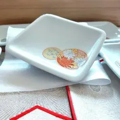 【未使用】深川製磁 寿赤絵 角銘々皿揃 角皿 ５枚 ◆木箱に記名有り◆