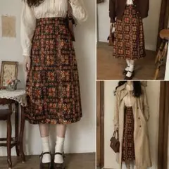 【当時物ヴィンテージ】昭和レトロ 花柄スカート 11号 M〜L 個性的　ウール