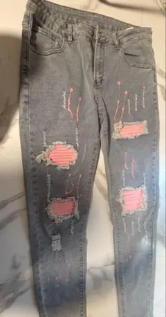 ダメージ加工 ペイントデニムパンツ ライトブルー lowtypeデニム 