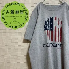 USA製 カーハート 星条旗 ビッグロゴ プリントTシャツ グレー Lサイズ
