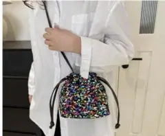 お揃い　パーティー　バック　キラキラ　巾着　2way レインボー　スパンコール