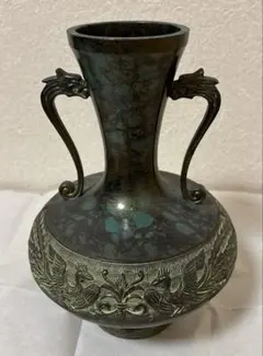 高岡銅器 勝峰作 銅製花瓶 高さ25cm 鳳凰 龍 彫刻 華道具骨董