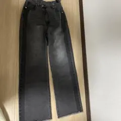 グレーブラックラインワイドデニムストレートハイウエストウエストデザイン