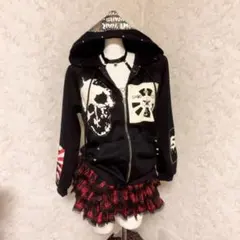 平成ギャル　Y2K 迷彩 スカルプリント ジップアップパーカーパンク