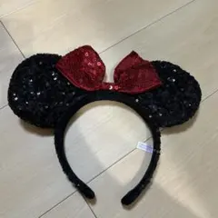 ミニーマウス耳型カチューシャ 黒と赤のスパンコール